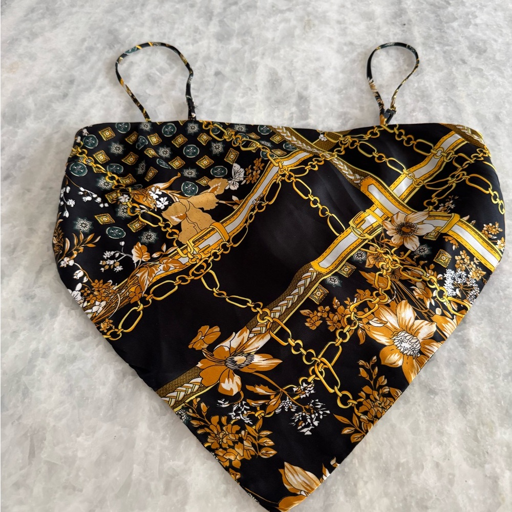 Princess Polly Black and Gold Floral Chain Crop Top, Size 8